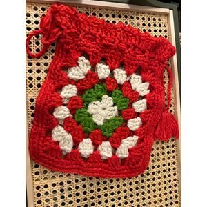 Vintage Hobo Boho Purse Bag Crocheted Drawstring Christmas Bag Handmade 1970s